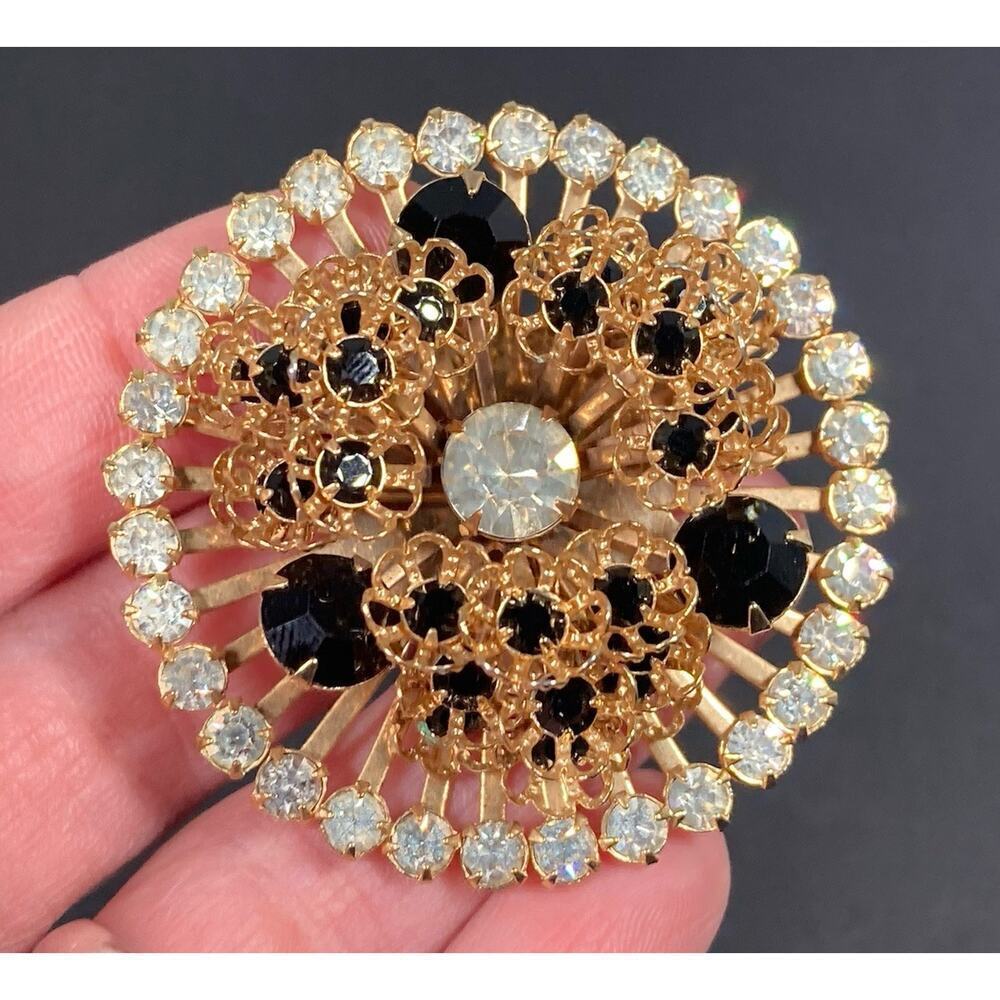 Vintage Flower Rosette Layered 3D Filigree Rhinestone Gold Brooch Unique
